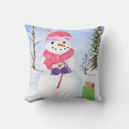 Almofada Snowman, cachecol rosa, doce paisagem de inverno
