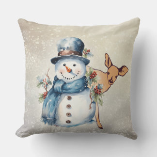 Almofada "Snowman cercado em Holly" com uma Fawn
