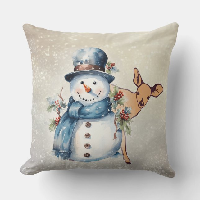 Almofada "Snowman cercado em Holly" com uma Fawn (Frente)