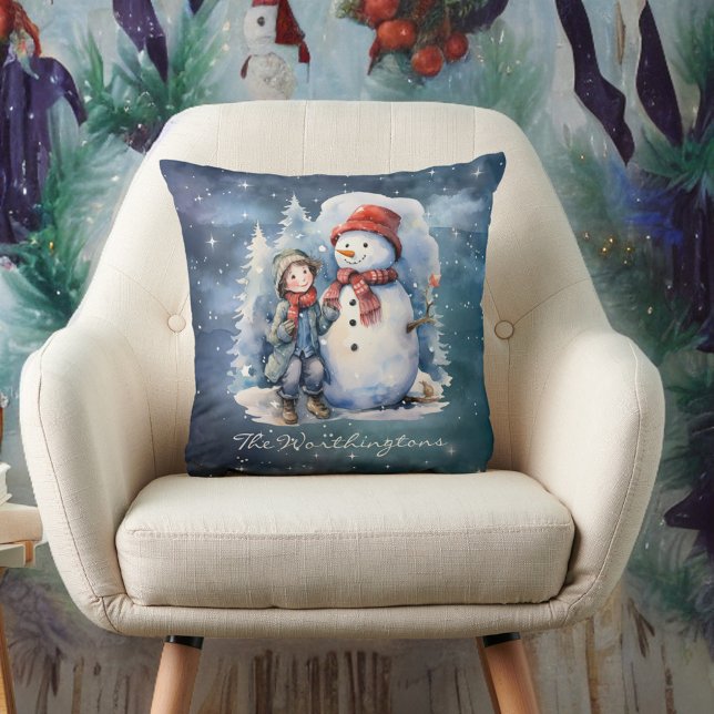 Almofada Snowman e Boy com Scarves Starry Night Monograma (Criador carregado)