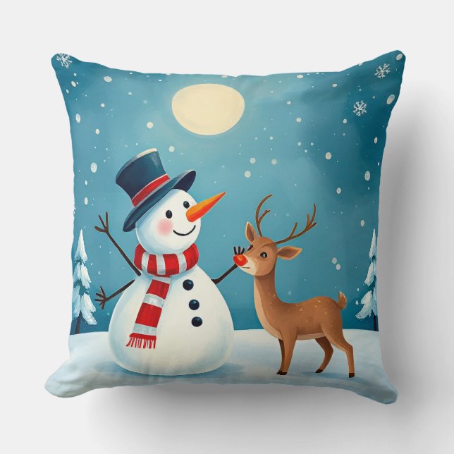 Almofada Snowman e Reindeer alegres (Frente)