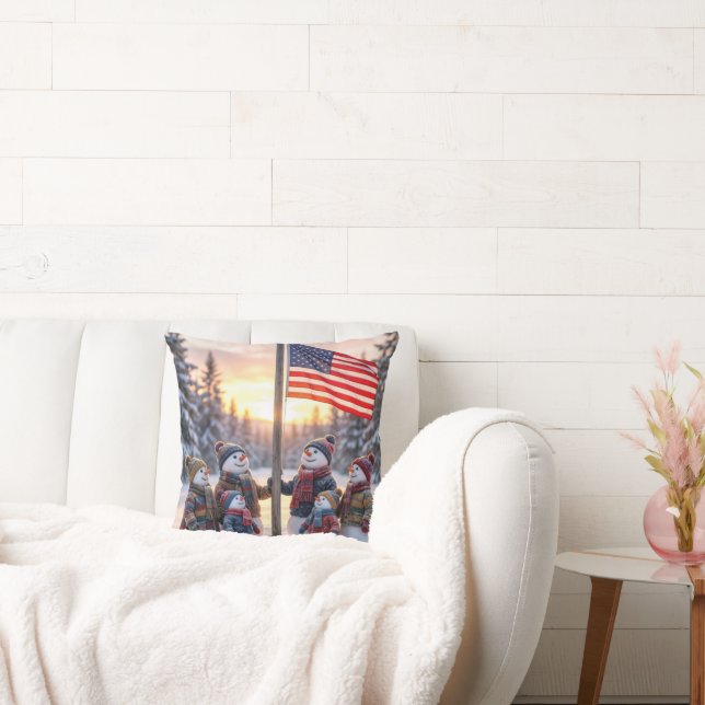 Almofada Snowman Family Gathering Around a Flagpole (Sofá)