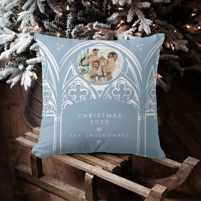 Almofada Snowy Gothic Winter Fairytale Blue Foto de Natal (Criador carregado)