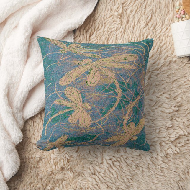 Almofada Soft Gold Dragonflies on Vintage Turquoise & Lilac (Cobertor)