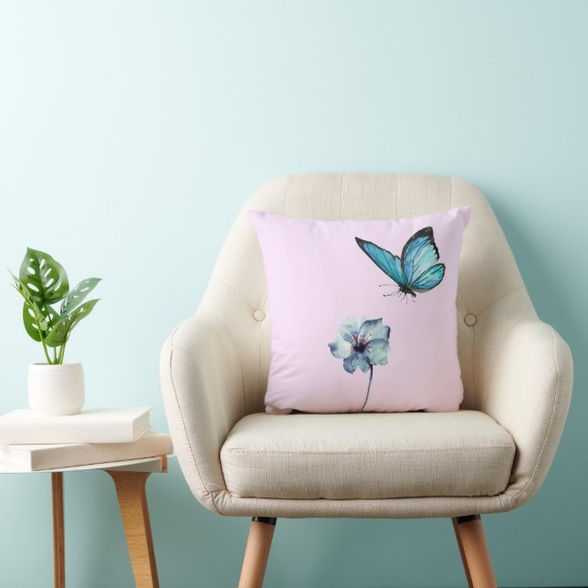 Almofada Soft Pink Pillow with Blue Flower and Butterfly (Cadeira)