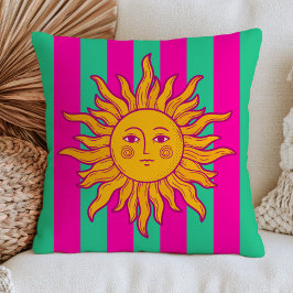 Almofada Sol Boêmio em Listras Rosa Fúcsia e Verde Retro