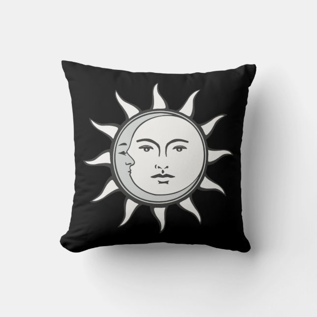 Almofada Sol Branco & Lua Prata em Preto (Frente)