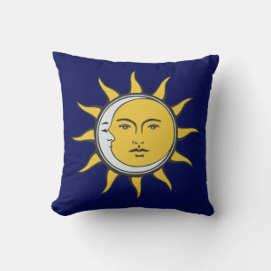 Almofada Sol Dourado e Lua Prateada em Azul Naval