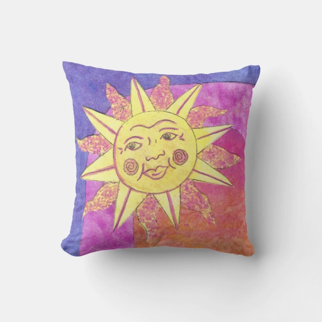 Almofada sol sorridente em travesseiro roxo (Frente)