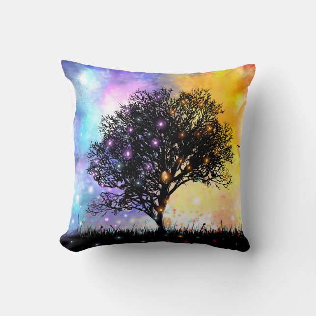 Almofada Sol surreal vívido com silhueta preta (Frente)