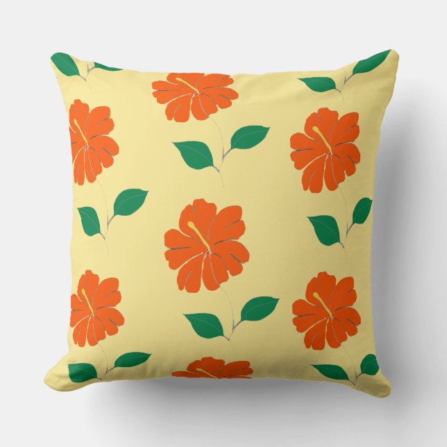 Almofada Solteiro Red Orange Hibiscus em Fundo Amarelo (Frente)
