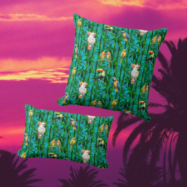 Almofada Sonhos da Floresta Tropical Bambu Pássaros (Drift off into the rainforest with this dreamy bamboo and tropical bird design!)