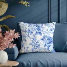 Sophisticated Dusty Blue Toile Roses Accent Pillow