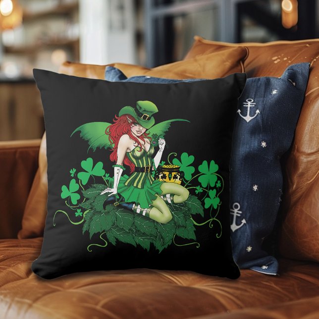 Almofada Sorte Verde Irlandês Fada Cabelo Vermelho Trevo (Criador carregado)
