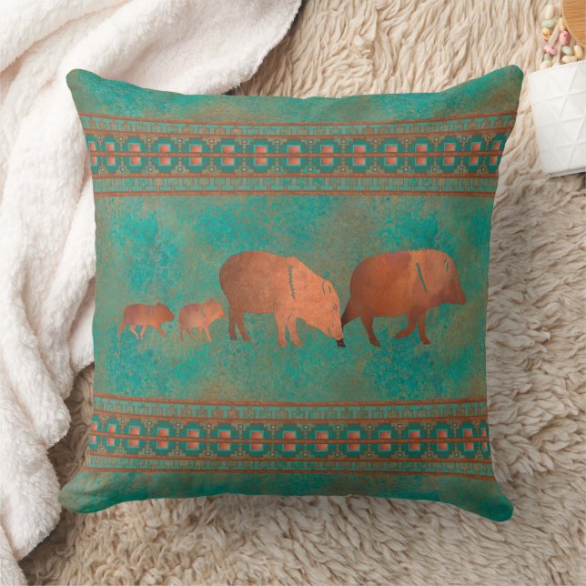 Almofada Southwest Cute Javelina Family Copper Teal 20in (Cobertor)