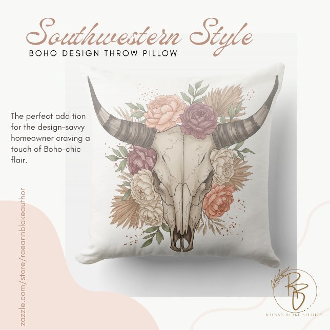 Almofada Southwestern Boho Design Bull Skull Throw Pillow (Criador carregado)