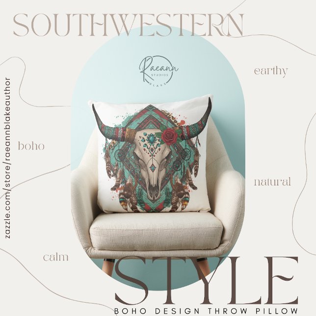 Almofada Southwestern Boho Design Bull Skull Throw Pillow (Criador carregado)