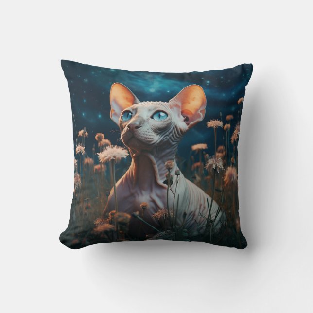 Almofada Sphynx Cat & Vibrant Flowers – Whimsical Art (Frente)