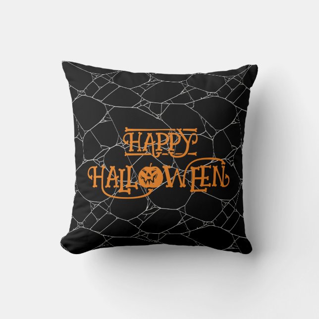 Almofada Spider Web Black & White Orange Happy Halloween (Frente)