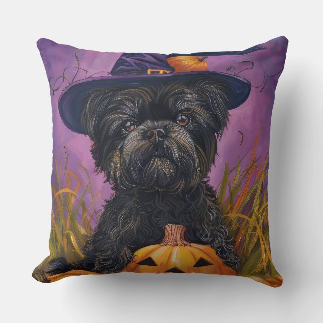 Almofada Spooky Affenpinscher Halloween Witch e Pumpkin (Frente)