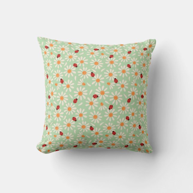 Almofada Spring Ladybugs and Daisies Throw Pillow (Frente)