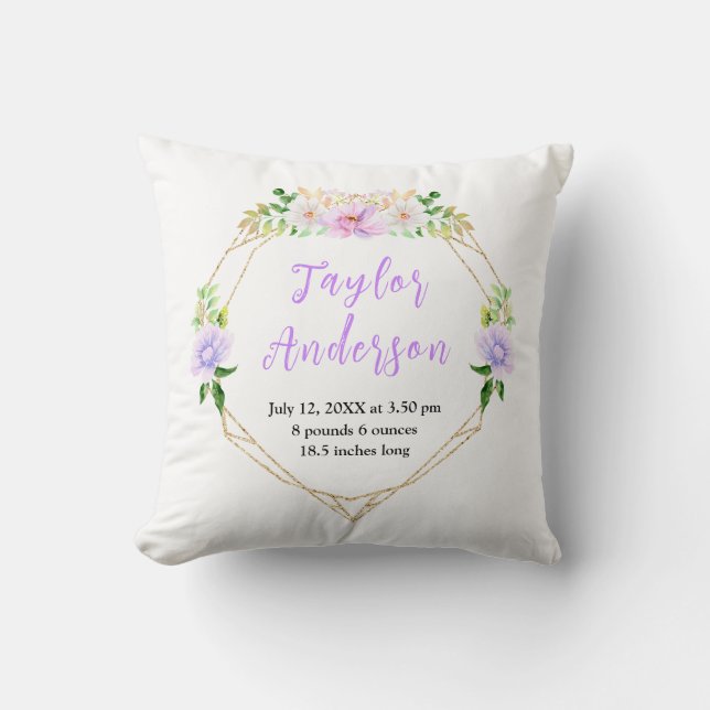 Almofada Spring Purple Floral Baby Birth Stats (Frente)