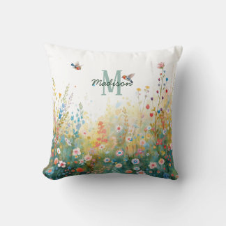 Almofada Spring Watercolor Birds Floral Monogram Wildflower