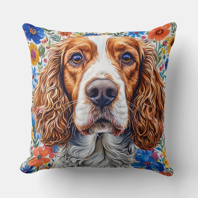 Almofada Springer Spaniel com Fundo Floral Colorido (Frente)