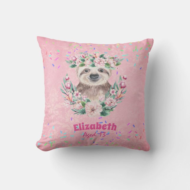 Almofada Sprinkles SLOTH Boho Girls Pink Flowers Gifts Boni (Frente)