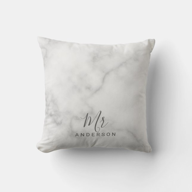 Almofada Sr. e Sra. | Elegante White Marble Modern Script (Frente)