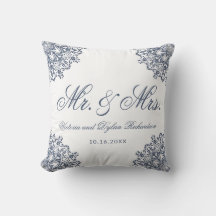 Sr. & Sra. Casamento Branco Azul Script Elegante