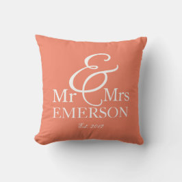Almofada "Sr. & Sra." coral e branco personalizados