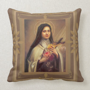 Almofada St. Therese com rosas, crucifixo Jesus