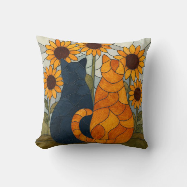 Almofada Stained Glass Cats and Sunflowers Art Design (Frente)