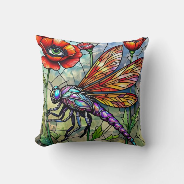 Almofada Stained Glass Dragonfly Poppies Unique Eye Art  (Frente)