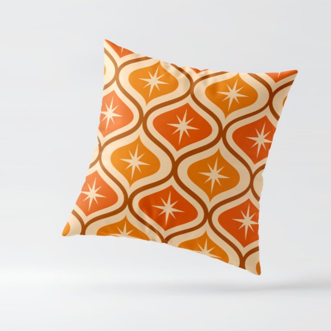 Almofada Starbursts Atômicos de meio século em Laranja Ogee (mid century starbursts on orange and amber ogee throw pillow )