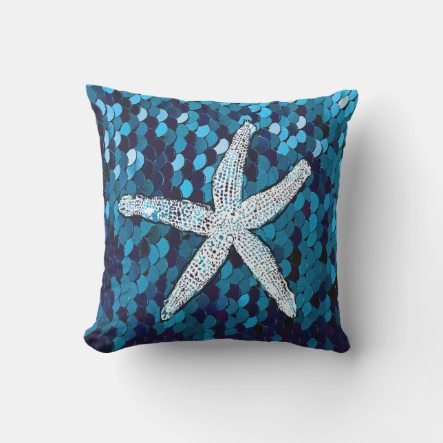 Almofada Starfish Branco Glittery Sparkly Mermaid Azul (Frente)