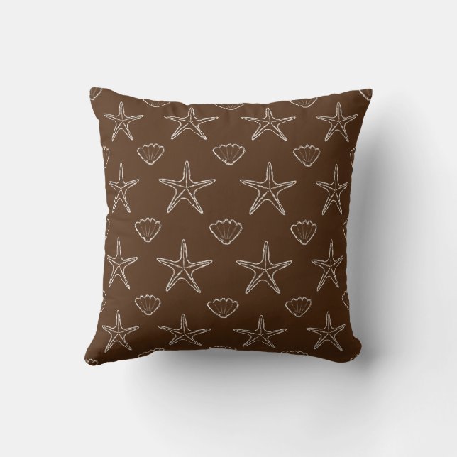 Almofada Starfish Seashell Sketch Patterch Em Brown Escuro (Verso)