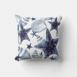 Almofada Starfish Shells Navy Blue And White Beachy Pattern