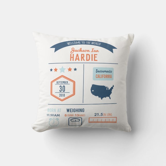 Almofada Stats do nascimento do bebé (Frente)