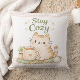 Almofada Stay Cozy Cute Kitty Cat Pink Gingham Sweet Home