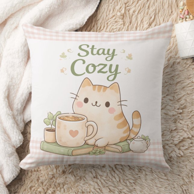 Almofada Stay Cozy Cute Kitty Cat Pink Gingham Sweet Home  (Cobertor)