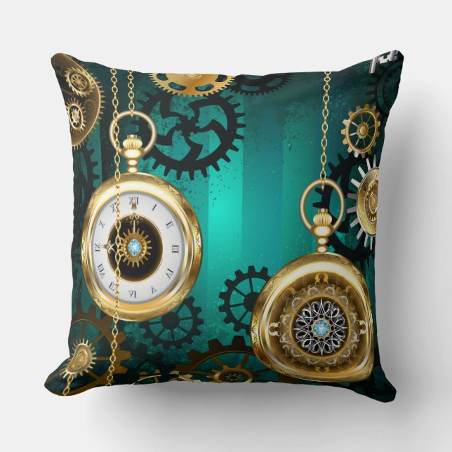 Almofada Steampunk Jewelry Watch em um fundo verde (Frente)