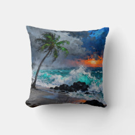 Almofada Stormy Serenity:Rain and Wind on a Beach at Sunset