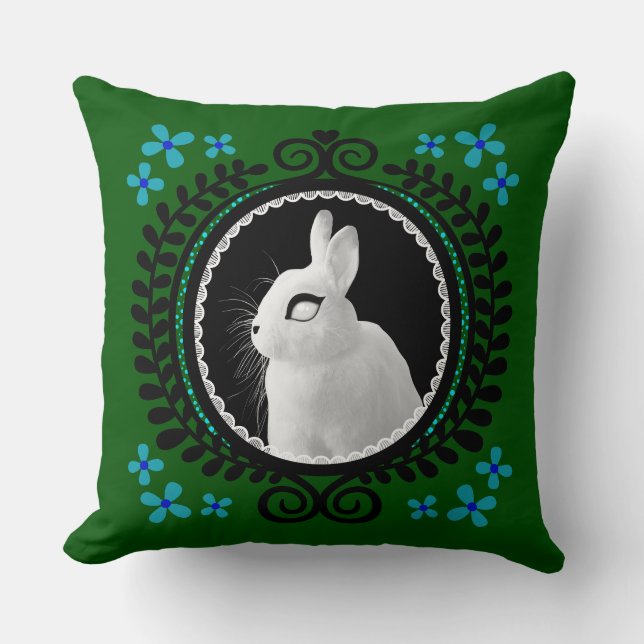 Almofada Strange White Bunny: Green, Blue, & Black  (Frente)