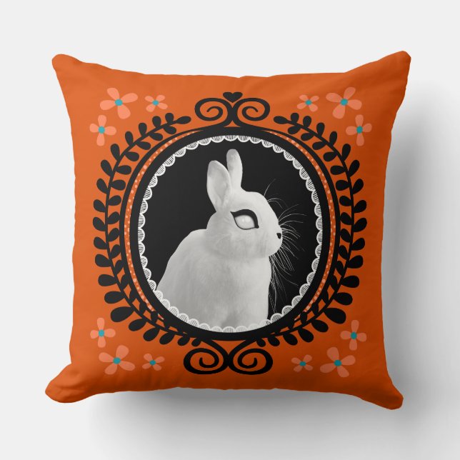 Almofada Strange White Bunny: Orange, Teal, & Black  (Frente)