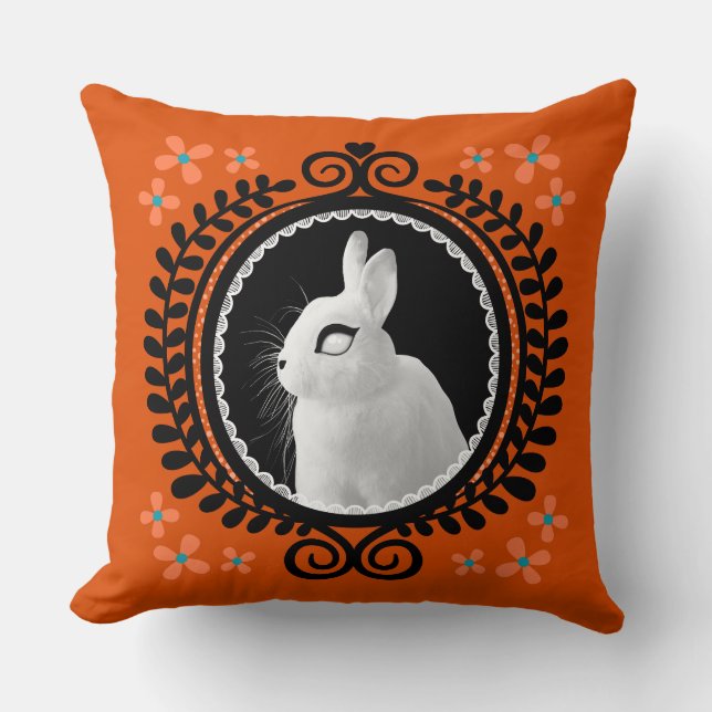 Almofada Strange White Bunny: Orange, Teal, & Black  (Frente)