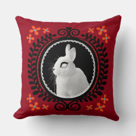 Almofada Strange White Bunny: Red, Black, Teal, & Orange