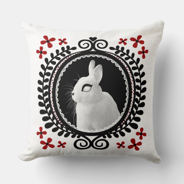 Almofada Strange White Bunny: White, Black & Red Throw Pill (Frente)