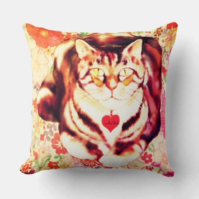 Almofada Striped Cat Art with Floral Background (Frente)